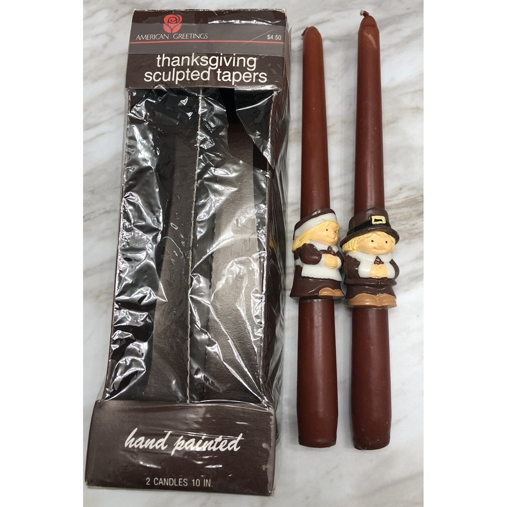 Vintage Thanksgiving Pilgrim Taper Candles American Greetings Girl Boy PAIR 10"